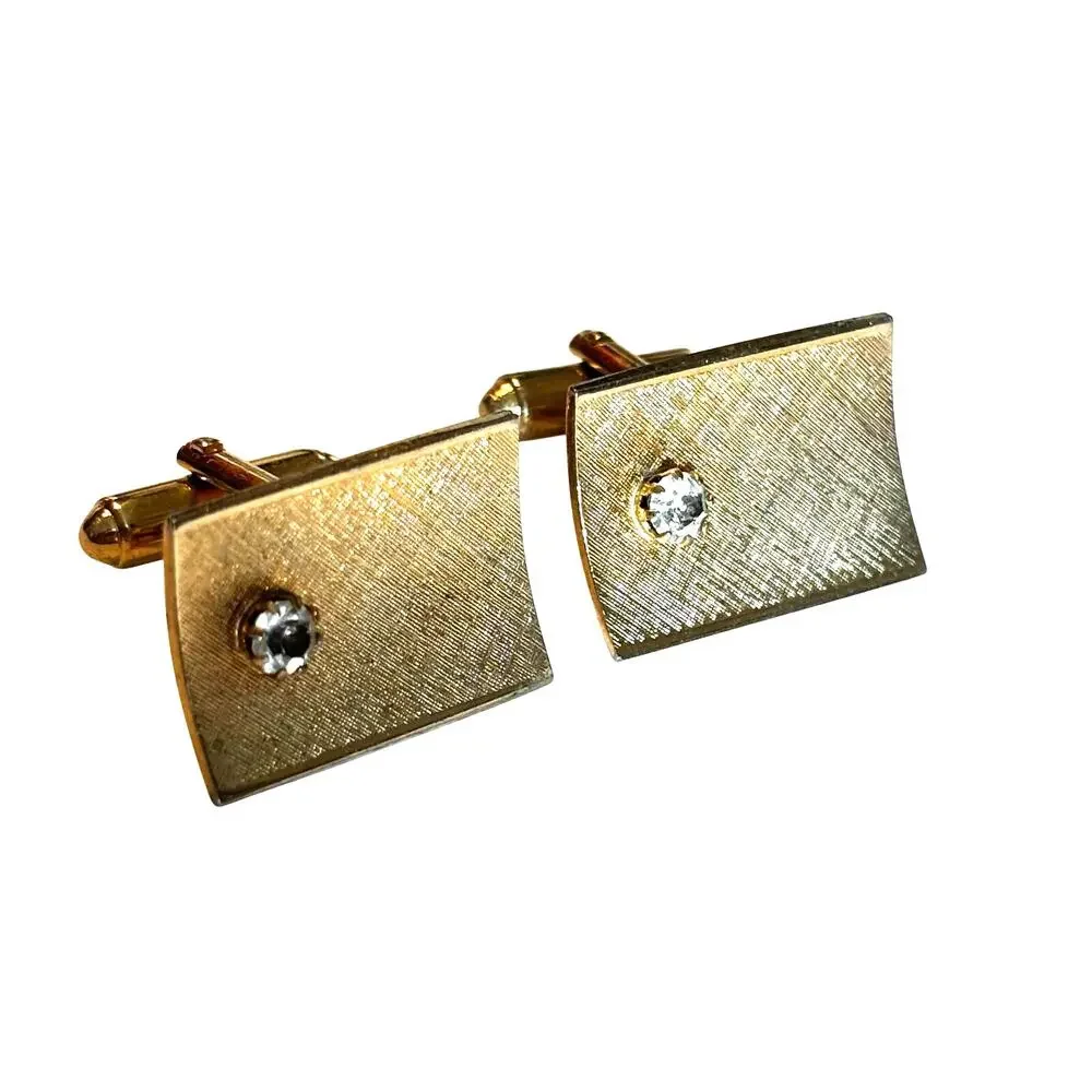 Mid Century gold textured cufflinks with prong set rhinestones vintage menswear